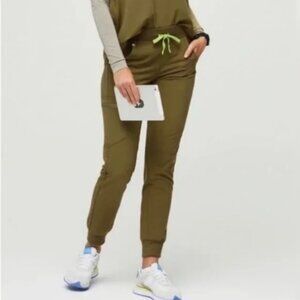 FIGS Zamora Jogger Scrub Pants XXS Petite Olive Green Neon Technical